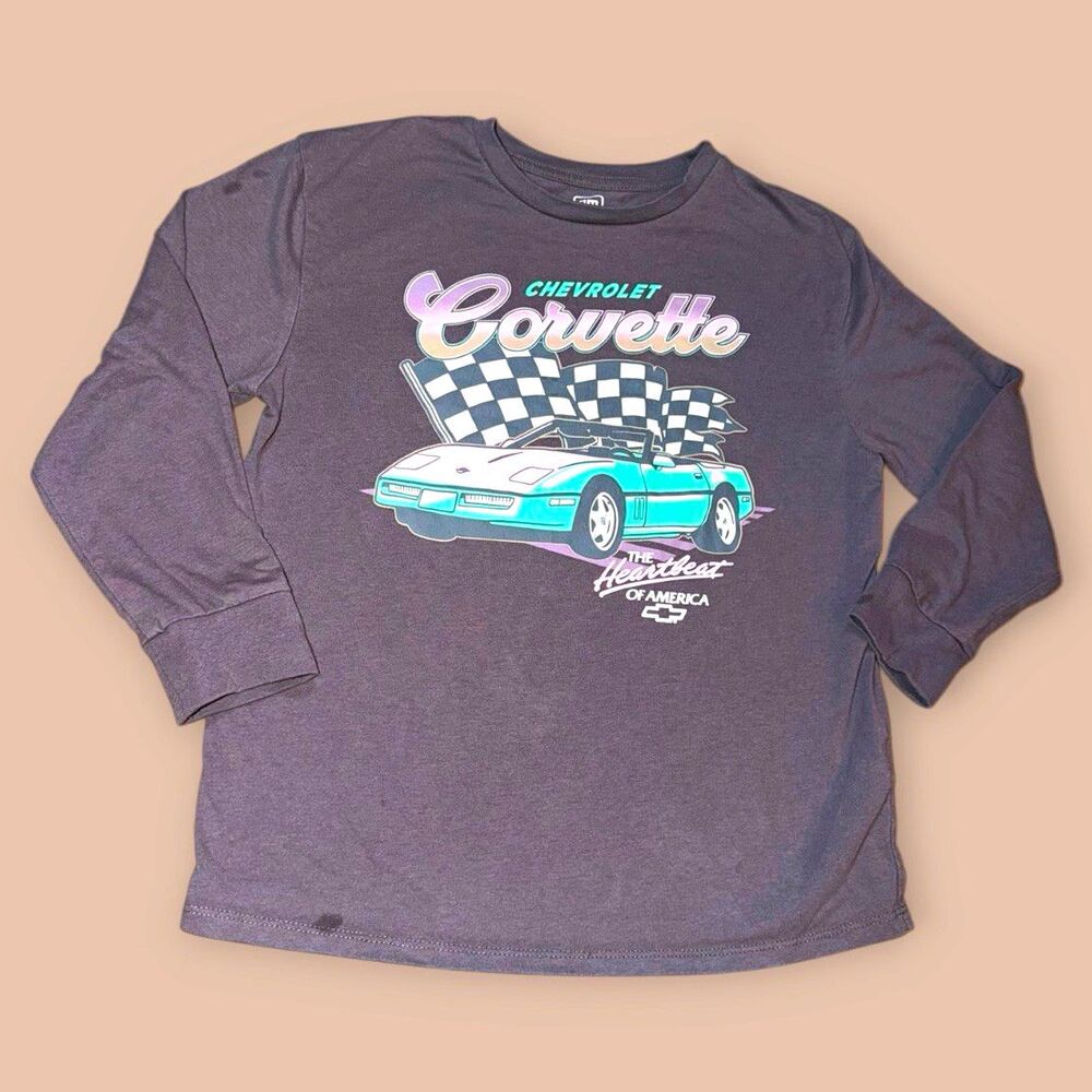 GM Chevrolet Corvette Graphic Long Sleeve Crew Neck T-Shirt Unisex Kids 8 Gray
